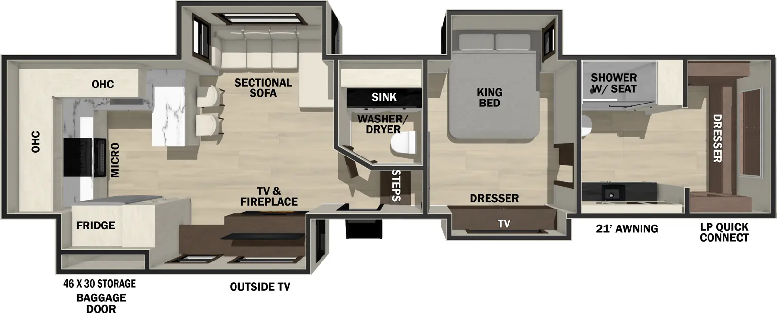 The Cedar Creek 385RK floorplan has one entry and four slide outs. Exterior features include: fiberglass exterior and 21' awning. Interiors features include: rear kitchen and bathroom and a half.